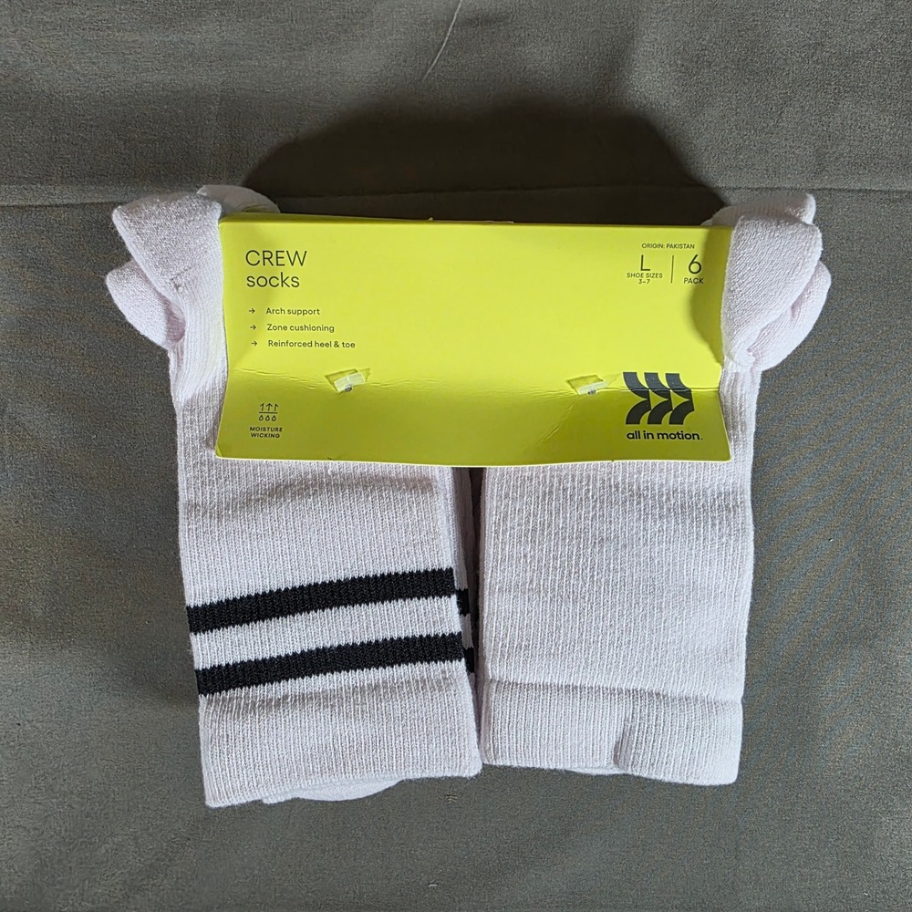 All in Motion Kids‎ Crew Socks 6 Pack Light Pink Black Striped Size L 3-7 NEW